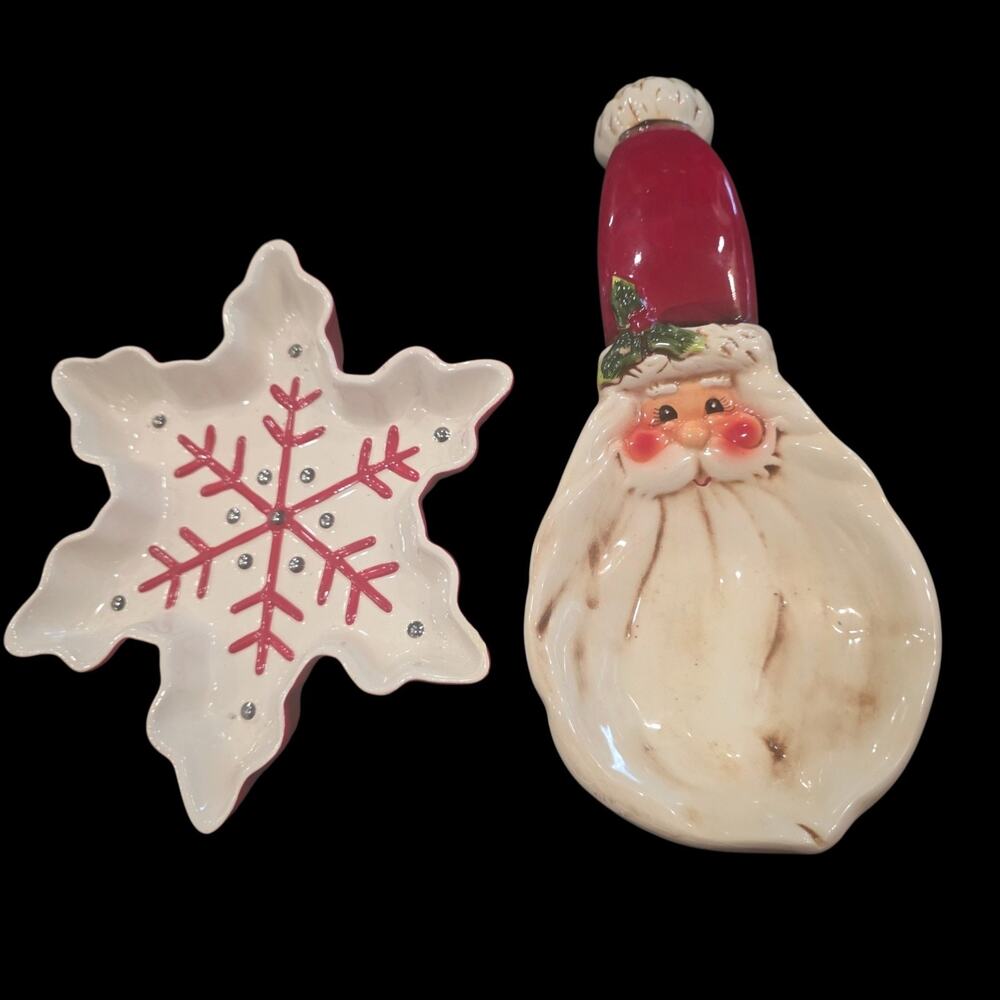 Christmas Santa Spoon Rest Hallmark Snowflake Candy Dish Ceramic Holiday Set